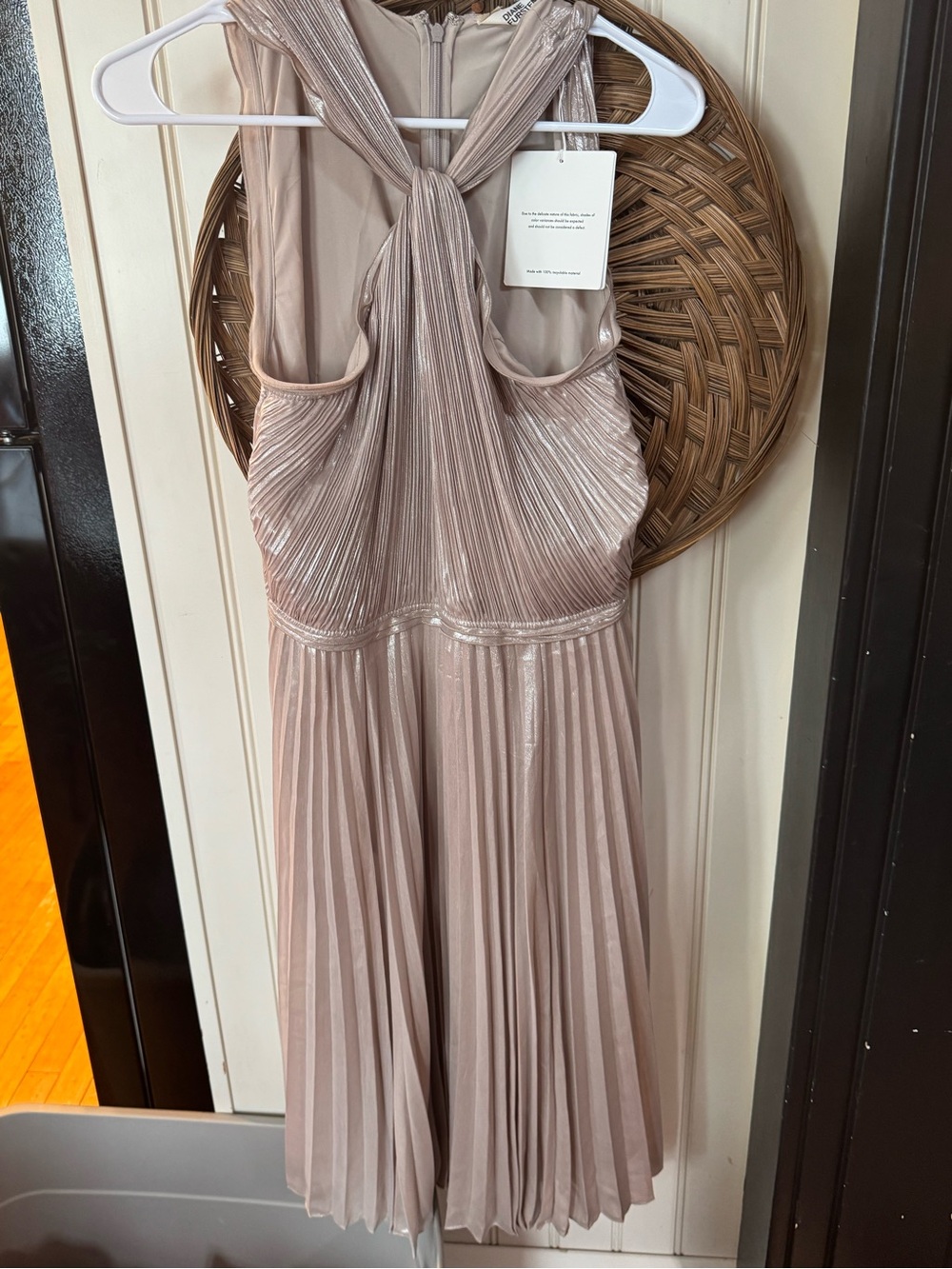 Diane Von Furstenberg Metallic Pleated Halter Midi Dress in metallic taupe